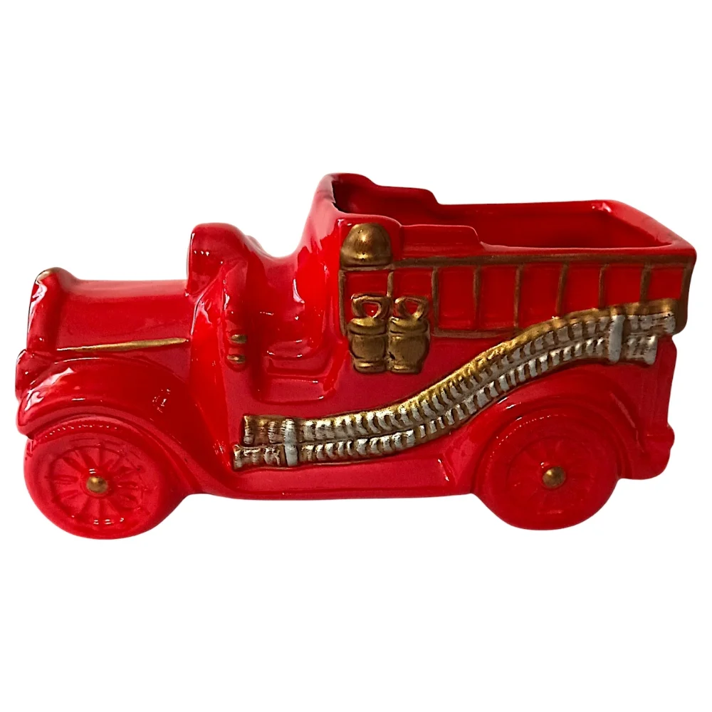 Vintage Fire Truck Planter Ceramic Red Kids Room Firetruck Nursery Decor Storage